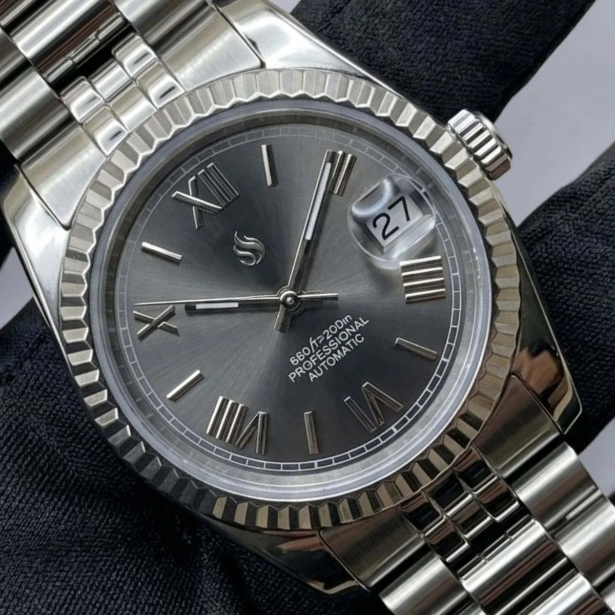 Seiko Mod Watches Datejust Dark Grey Sunburst Dial with Roman Numerals built by Modtime Creations