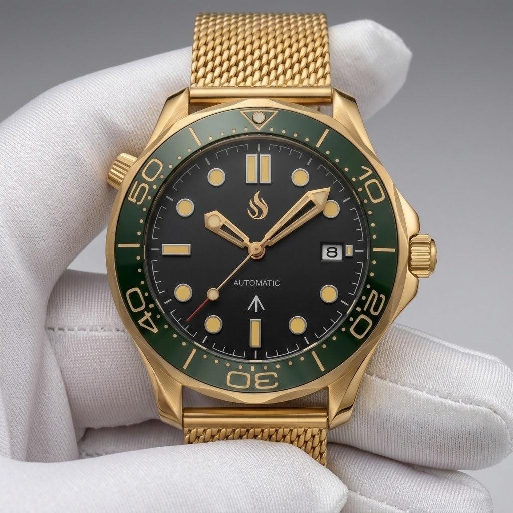 Seiko Mod watches Seamaster 007 with a black dial and gold green bezel case built by Modtime creations