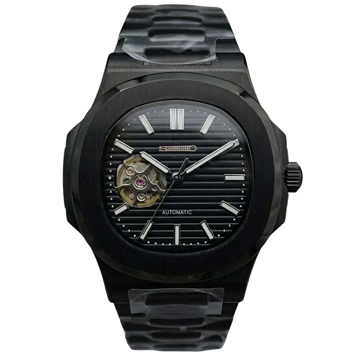 Seiko mod nautilus watch Open-Heart luxury watch with black dial and stainless steel case by Modtime Creations