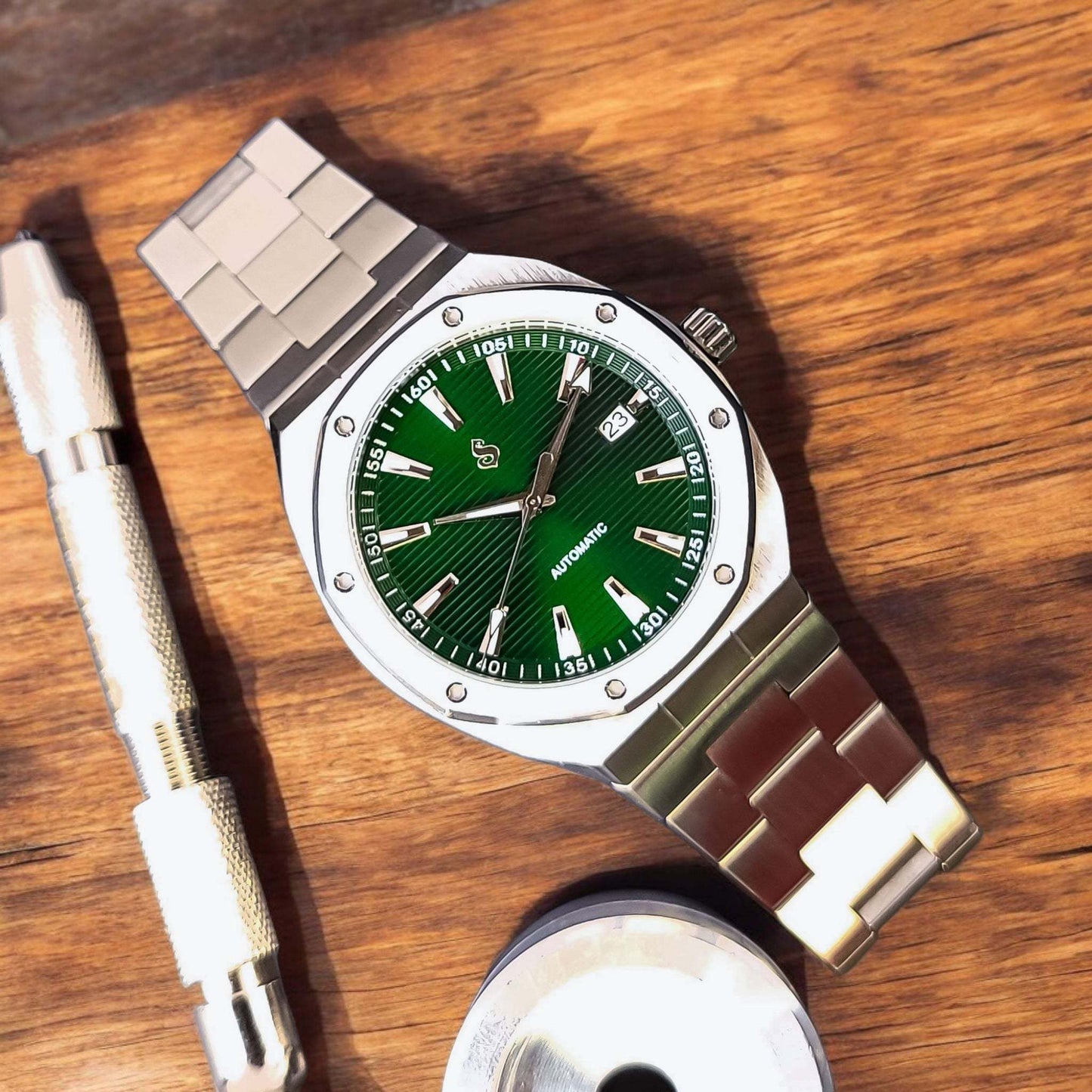 AquaOak Fusion Series green dial Seiko Mod luxury watch with stainless steel octagon case and sapphire crystal