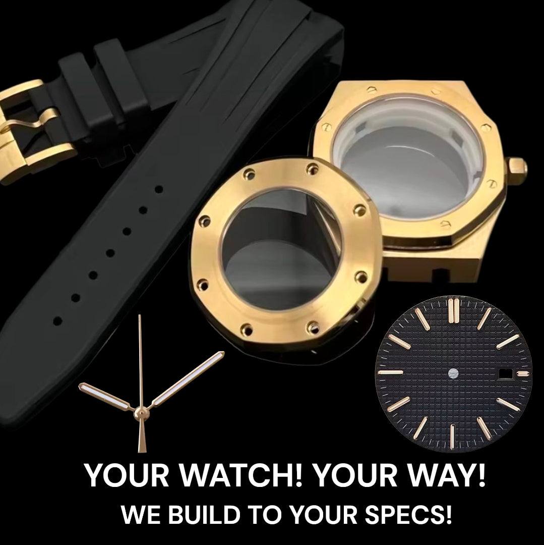 Seiko Mod Royal Oak Gold watch with black dial and stainless steel bracelet