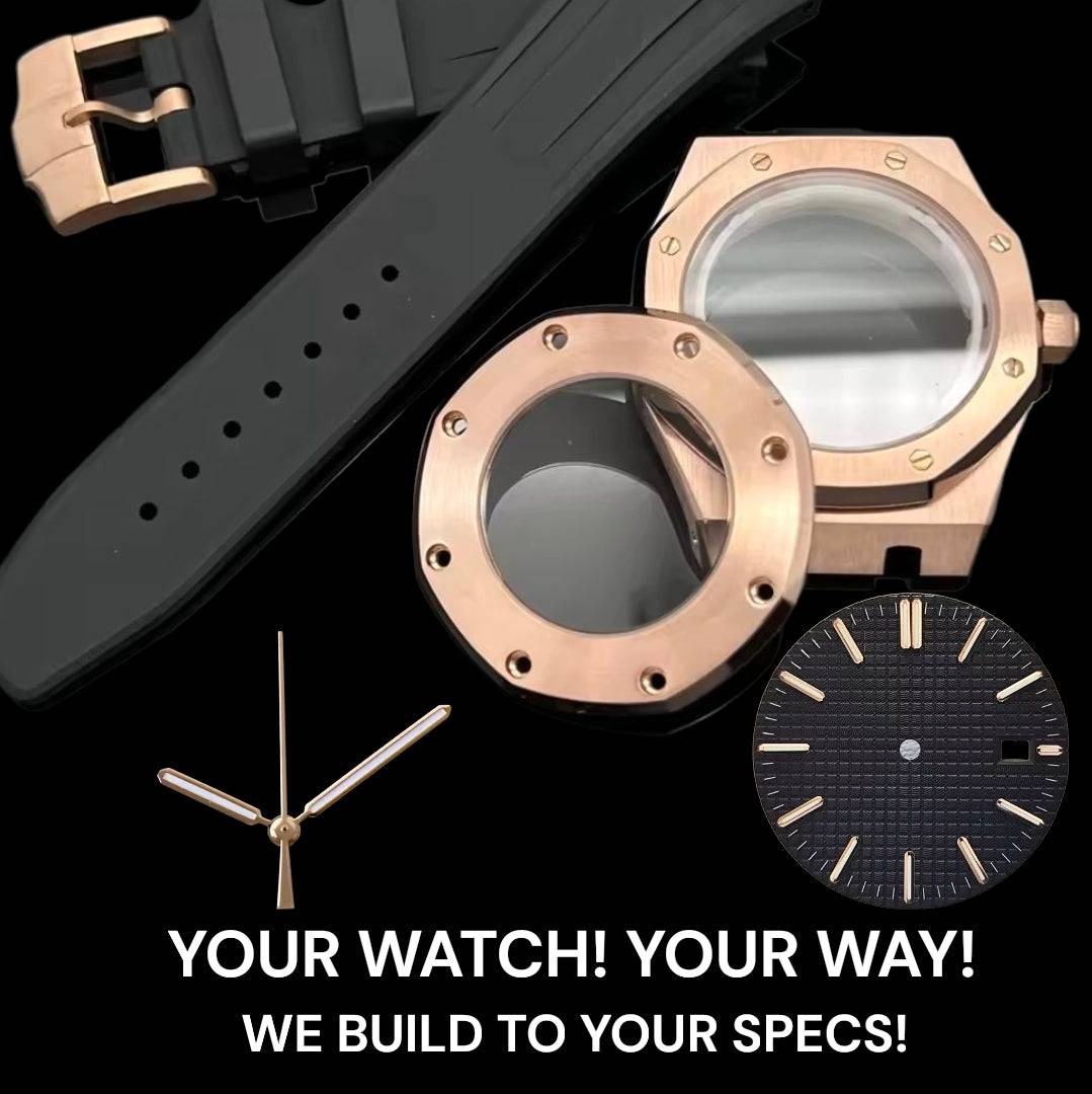 Seiko mod Royal Oak rose gold watch with black dial and sapphire crystal at Modtime Creations