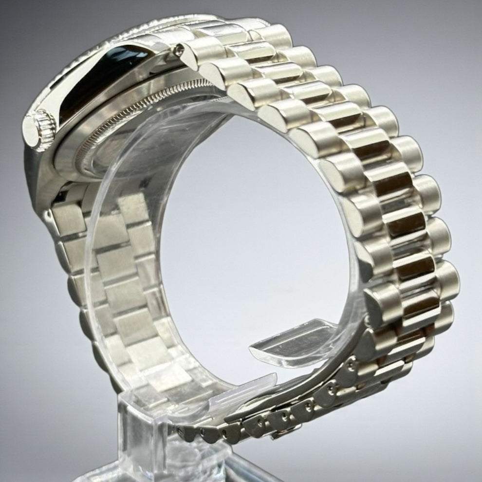 Modded Seiko style watch with silver white dial and day-date display by Modtime Creations