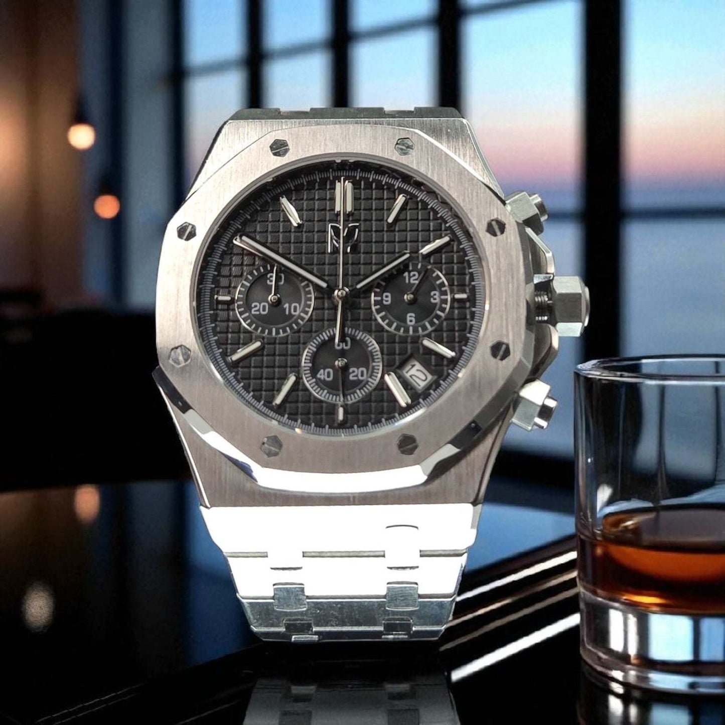 Modded Seiko Royal oak aka SeikOak Chronograph Series Black Dial - MODTIME Creations