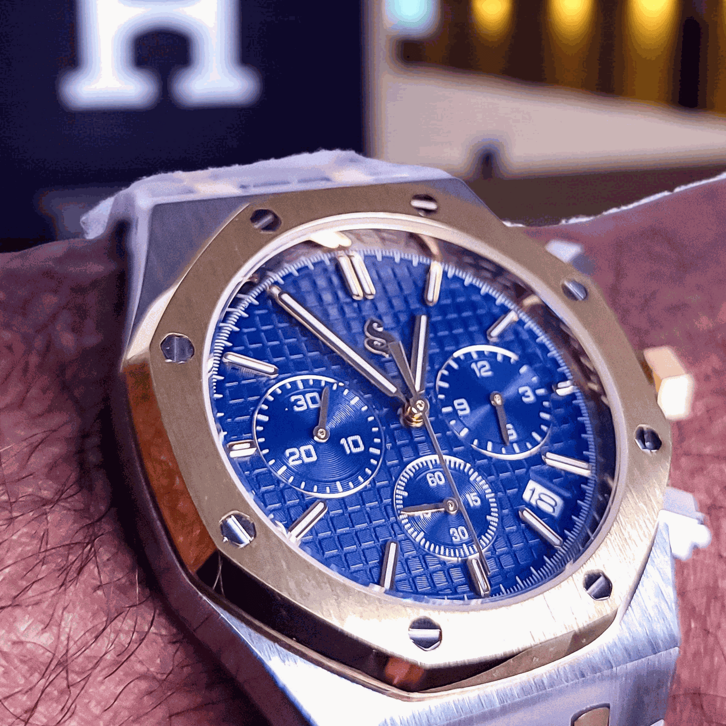 Modded Seiko Heritage Oak chronograph with two-tone blue dial and stainless steel bracelet by Modtime Creations