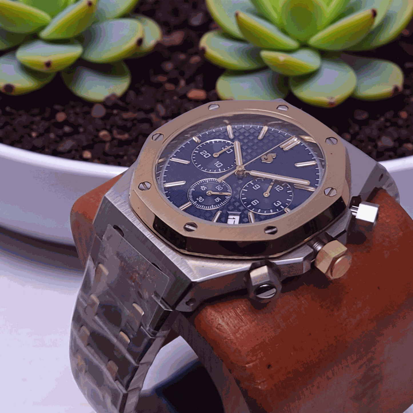 Modded Seiko Heritage "O" aka SeikOak Chronograph Two - Tone Blue Dial - MODTIME