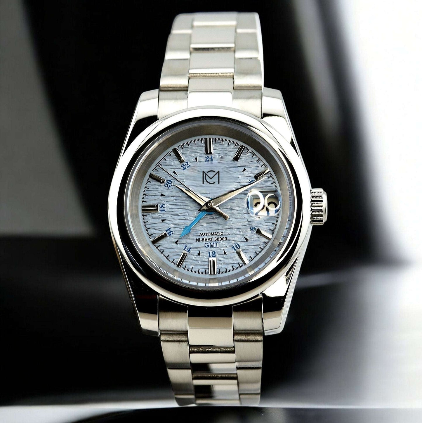 Modded Seiko GMT Pilot watch with light blue dial and sapphire crystal by Modtime Creations