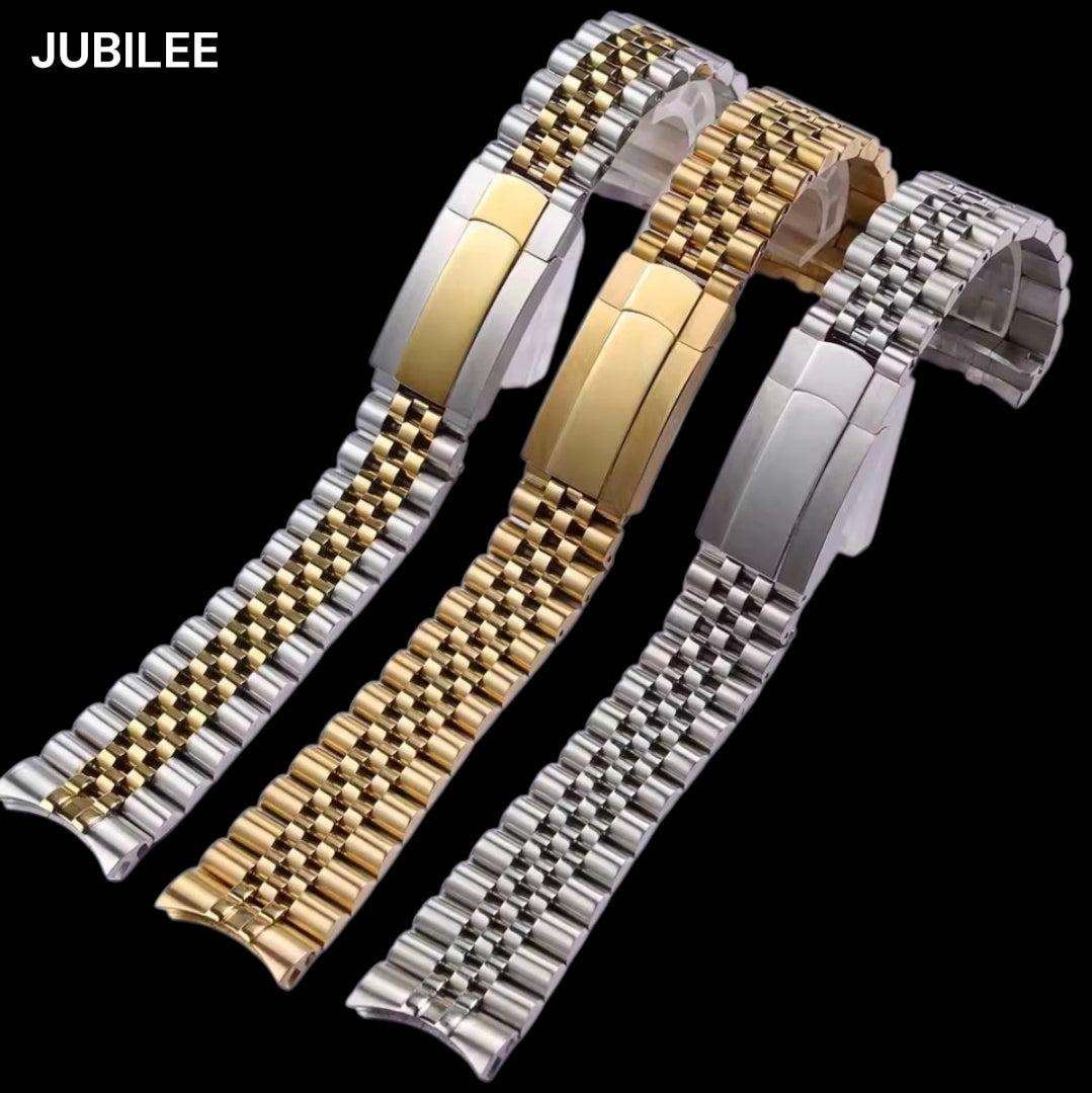 MODTIME stainless steel jubilee watch bracelets in silver, gold, and two-tone finishes for custom diver watches.