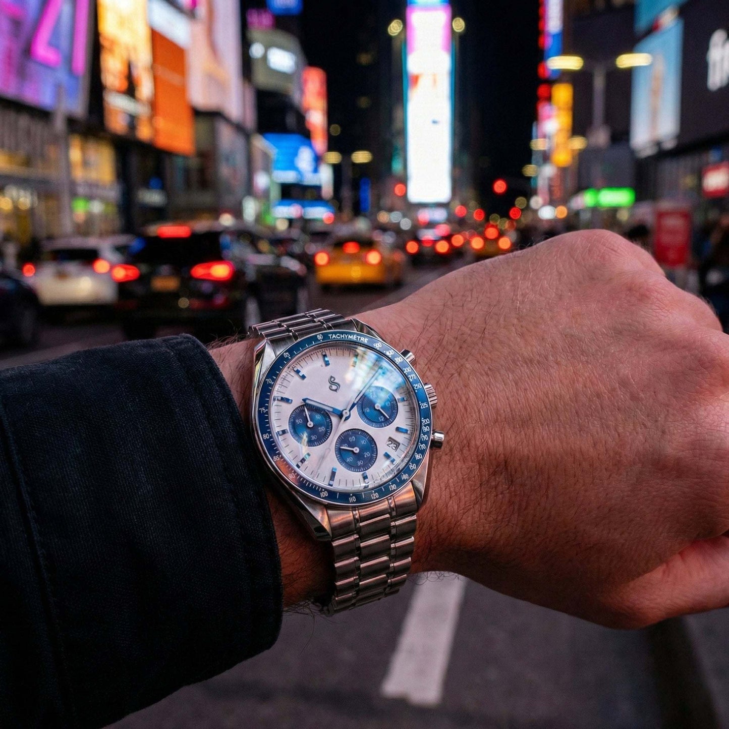 Seiko Mod Omega Speedmaster Chronograph luxury watch with white and blue dial, VK63 hybrid movement, 41mm stainless steel case