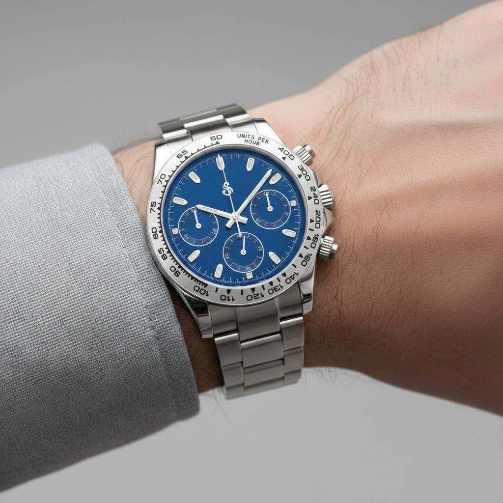 Seiko Mod Daytona luxury watch with dazzling blue dial and silver stainless steel case