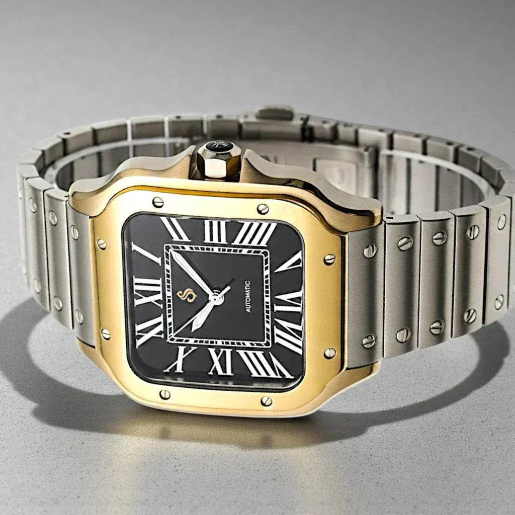 Seiko Mod Santos two-tone luxury watch with black dial and stainless steel case