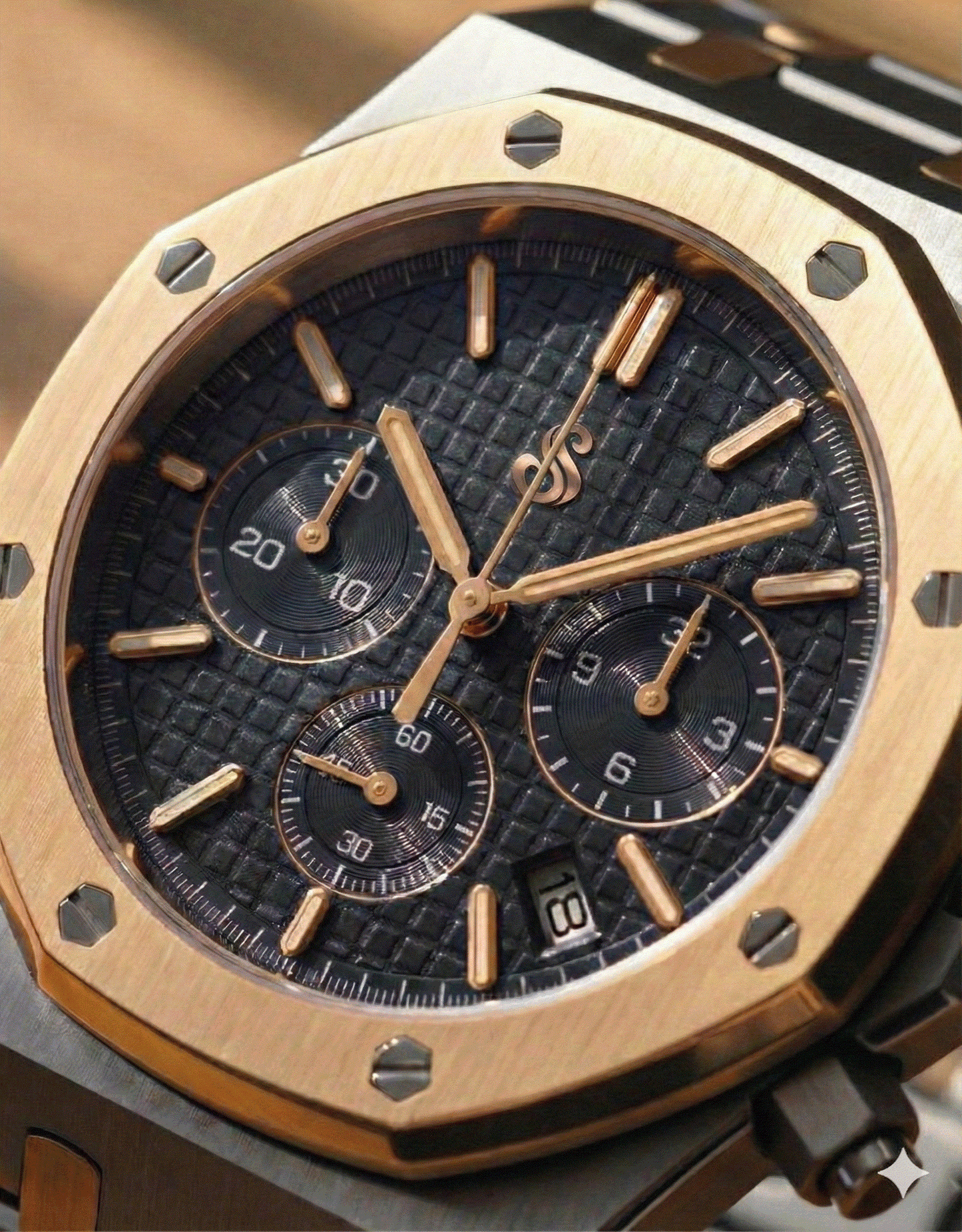 Seiko Mod Royal Oak AP style chronograph watch with two-tone black dial and stainless steel bracelet