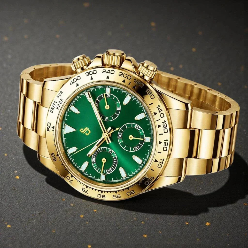 Seiko Mod Watches Daytona Gold Case watch with green dial luxury chronograph at Modtime Creations