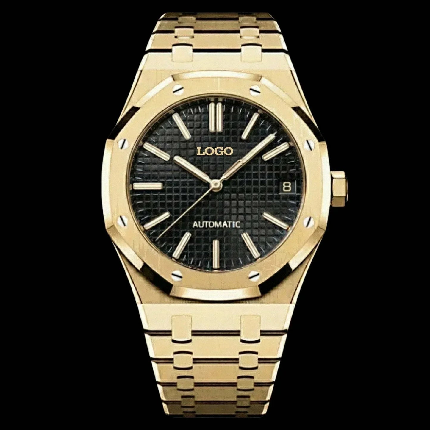 Royal Oak Black Dial Seiko Mod luxury watch with stainless steel case and sapphire crystal by Modtime Creations