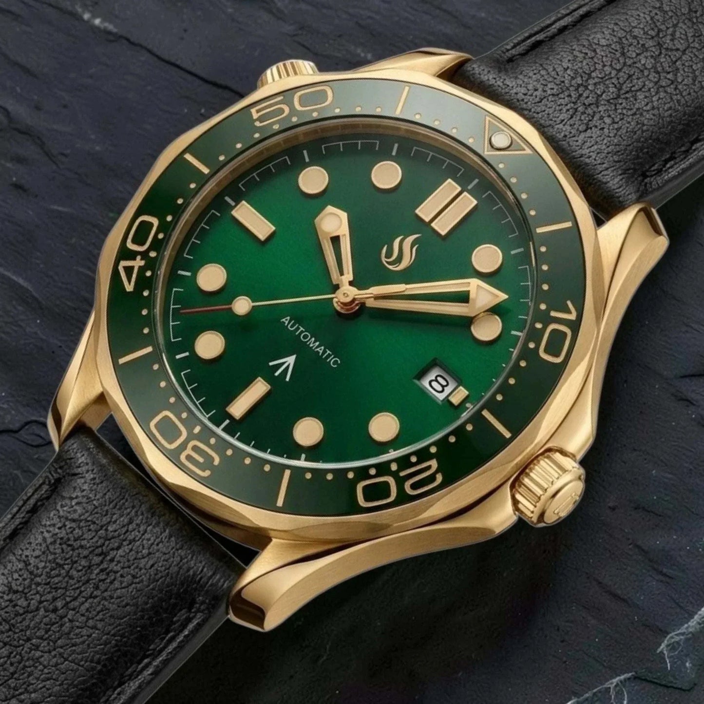 Seiko Mod SeaMaster Watch Green Gold Master Bond 007 Diver: Modtime Creations