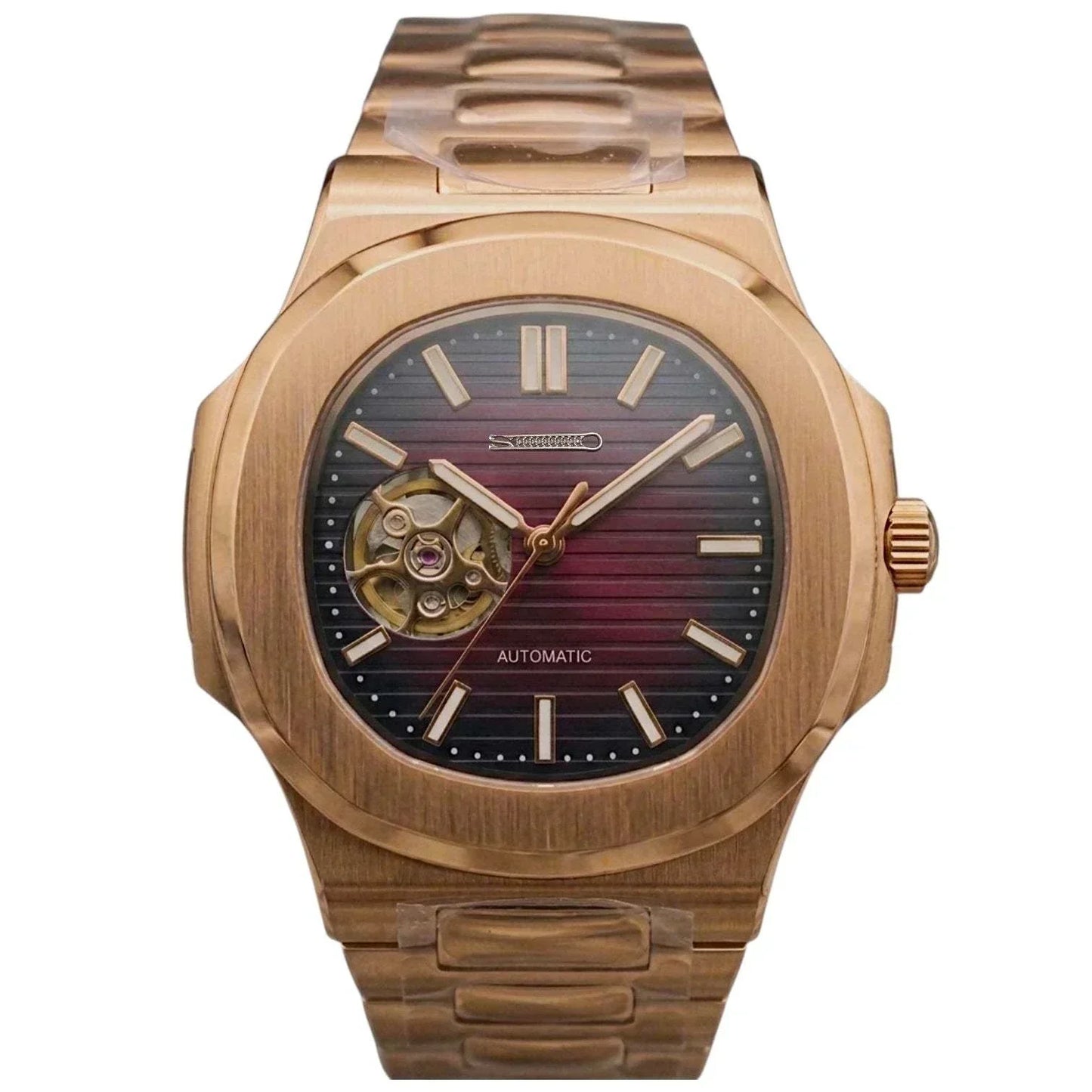 Nautilus open-heart dial Seiko Mod watch with sapphire crystal and stainless steel bracelet