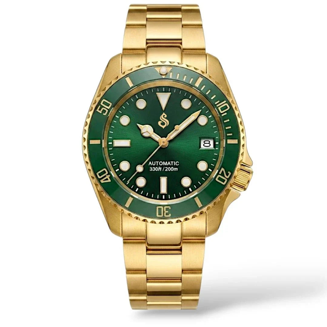 Seiko Mod SKX 42 mm Submariner Green Gold luxury diver watch with NH35 automatic movement and sapphire crystal
