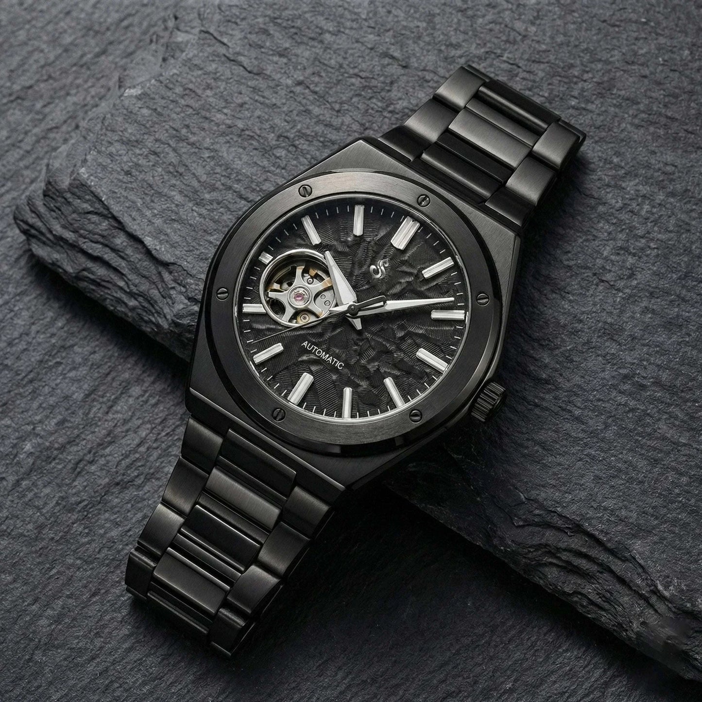 Midnight black Seiko mod watch with open-heart dial and stainless steel case