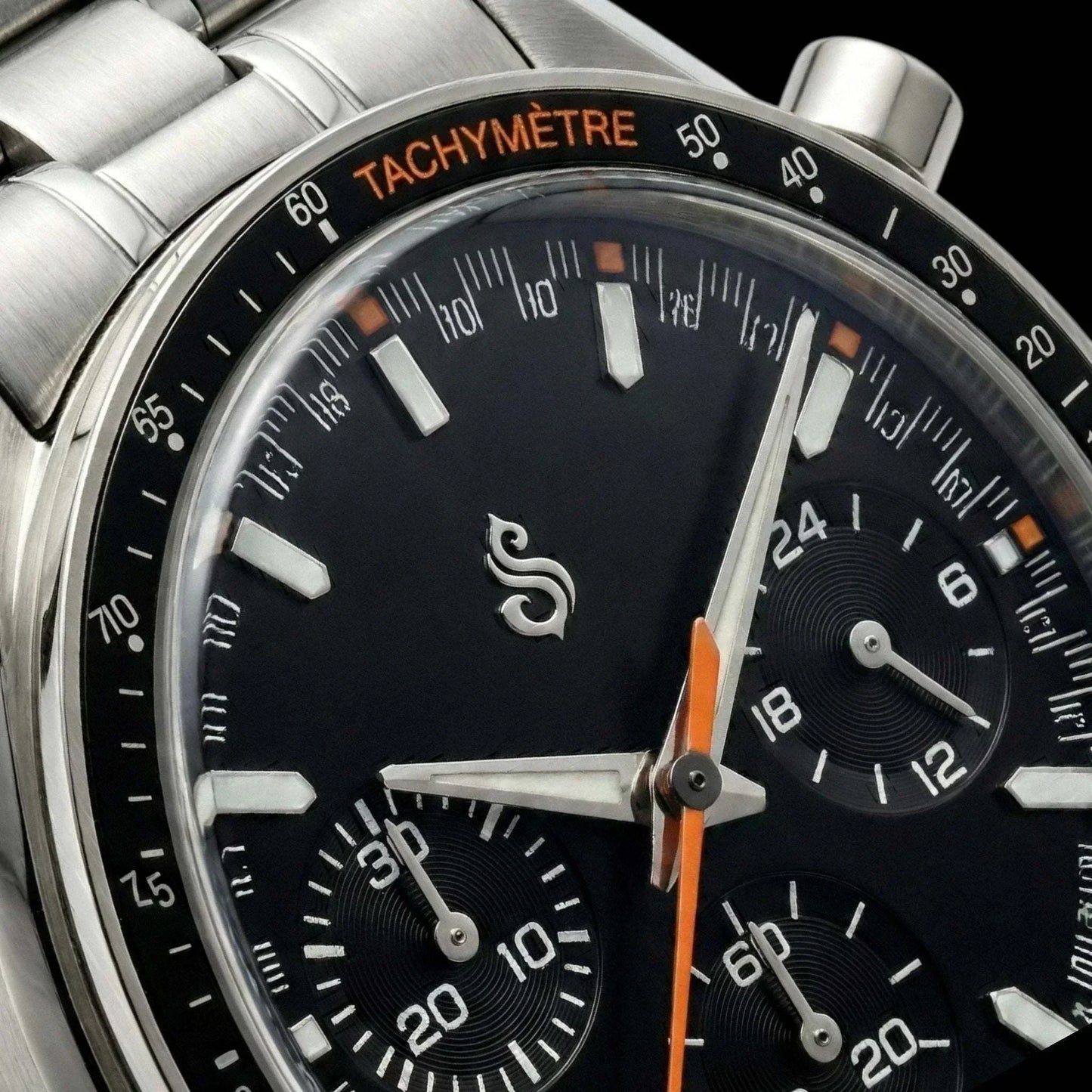 Seiko Mod Omega Speedmaster Chronograph black orange dial Seiko mod watch with VK63 hybrid movement and stainless steel bracelet