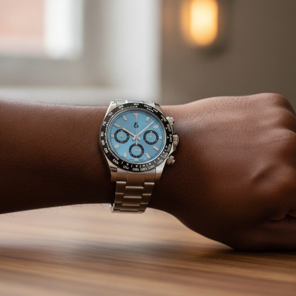 Luxury Daytona Light Blue Platinum Seiko Mod watch with hybrid VK63 chronograph movement