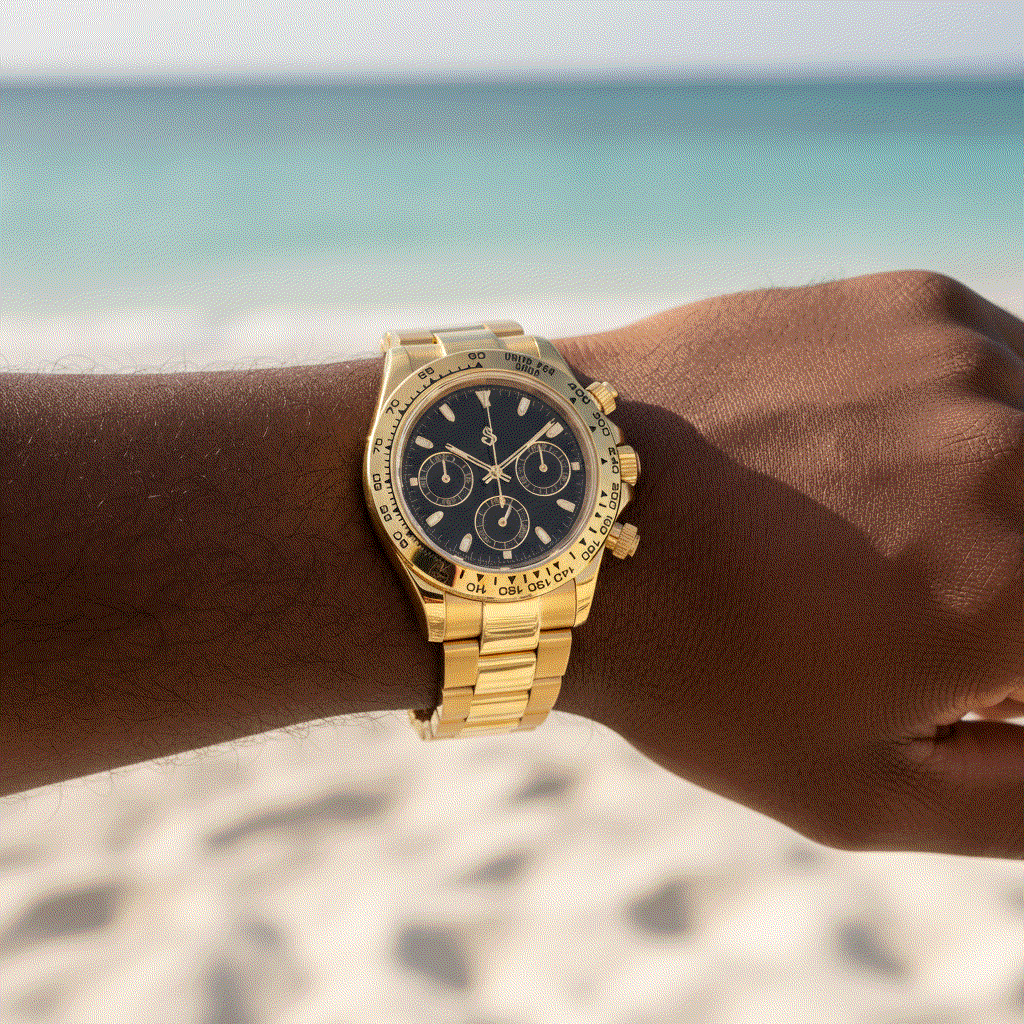 Seiko Mod Watches Daytona gold case watch with black gold dial luxury chronograph by Modtime Creations