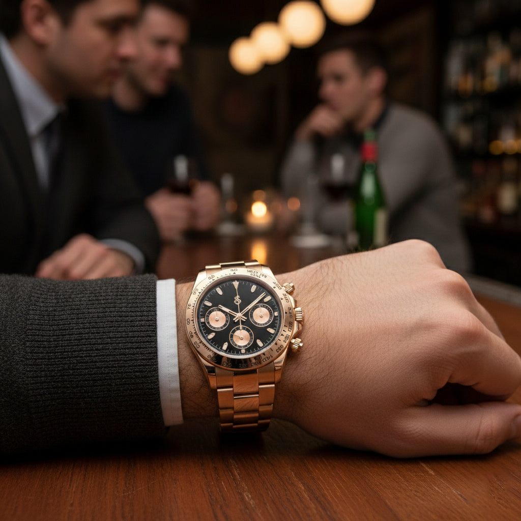 Seiko Mod Daytona Rose Gold Black Dial luxury mod chronograph watch with 40mm case and sapphire crystal