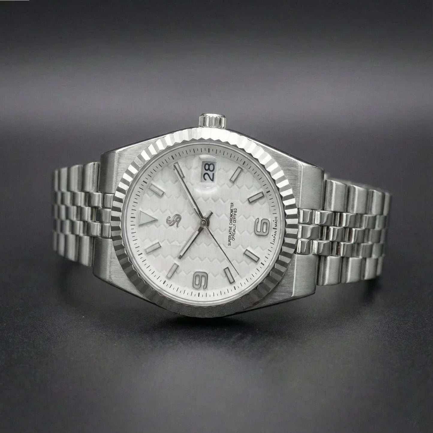White dial Seiko Mod Land Dweller luxury watch with date window and sapphire crystal by Modtime Creations