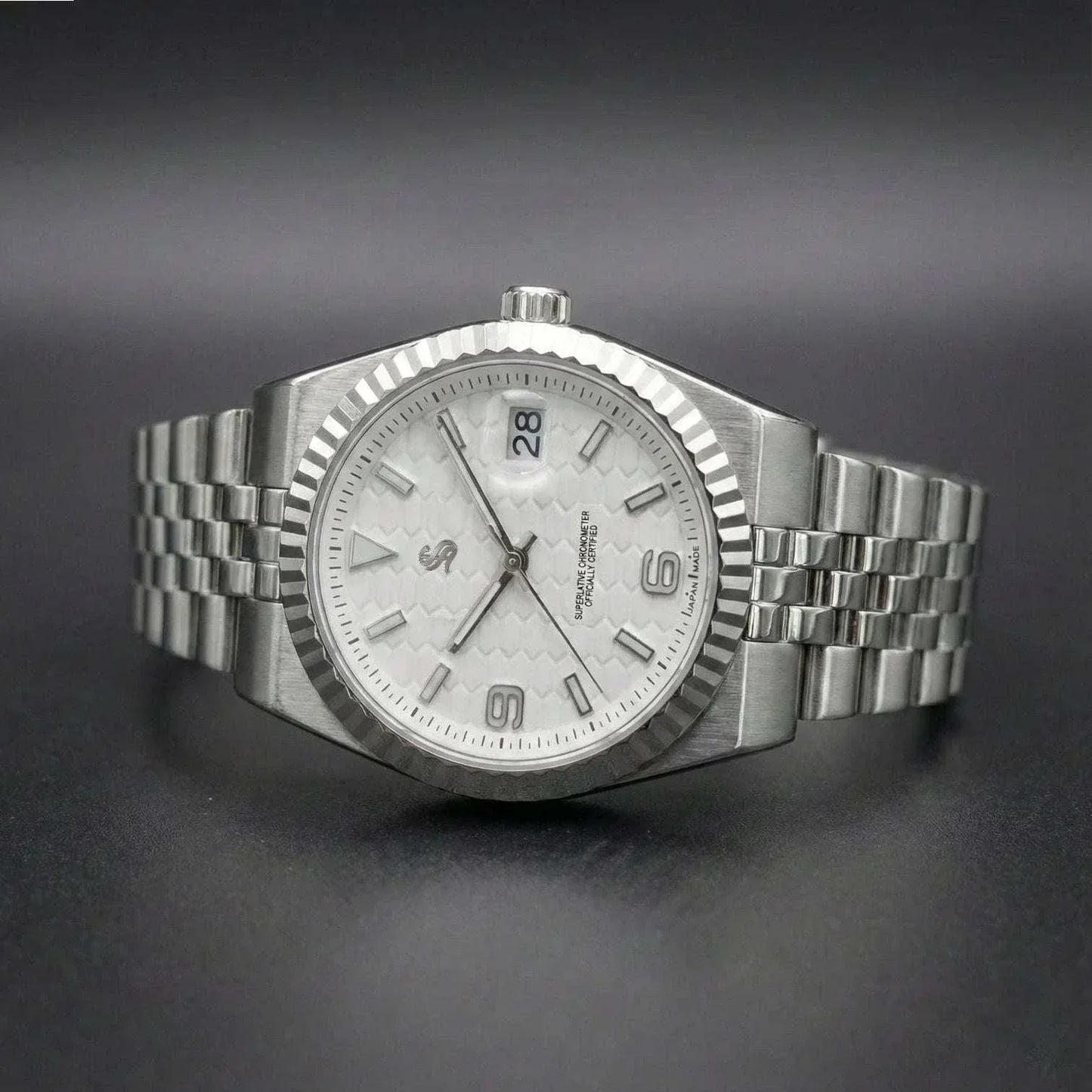 White dial Seiko Mod Land Dweller luxury watch with date window and sapphire crystal by Modtime Creations