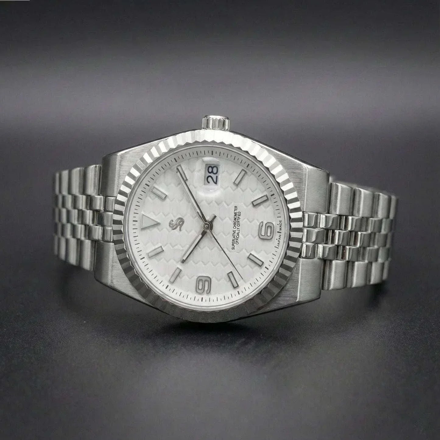 Seiko Mod luxury watch with white dial and date window by Modtime Creations