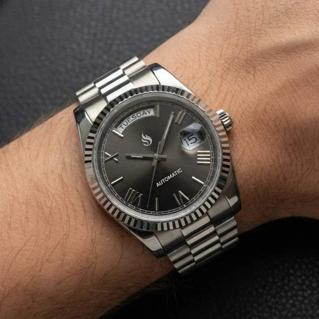 Modded Seiko Watches DayDate Black Roman Numerals Dial with Silver Fluted Watch case built by Modtime Creations