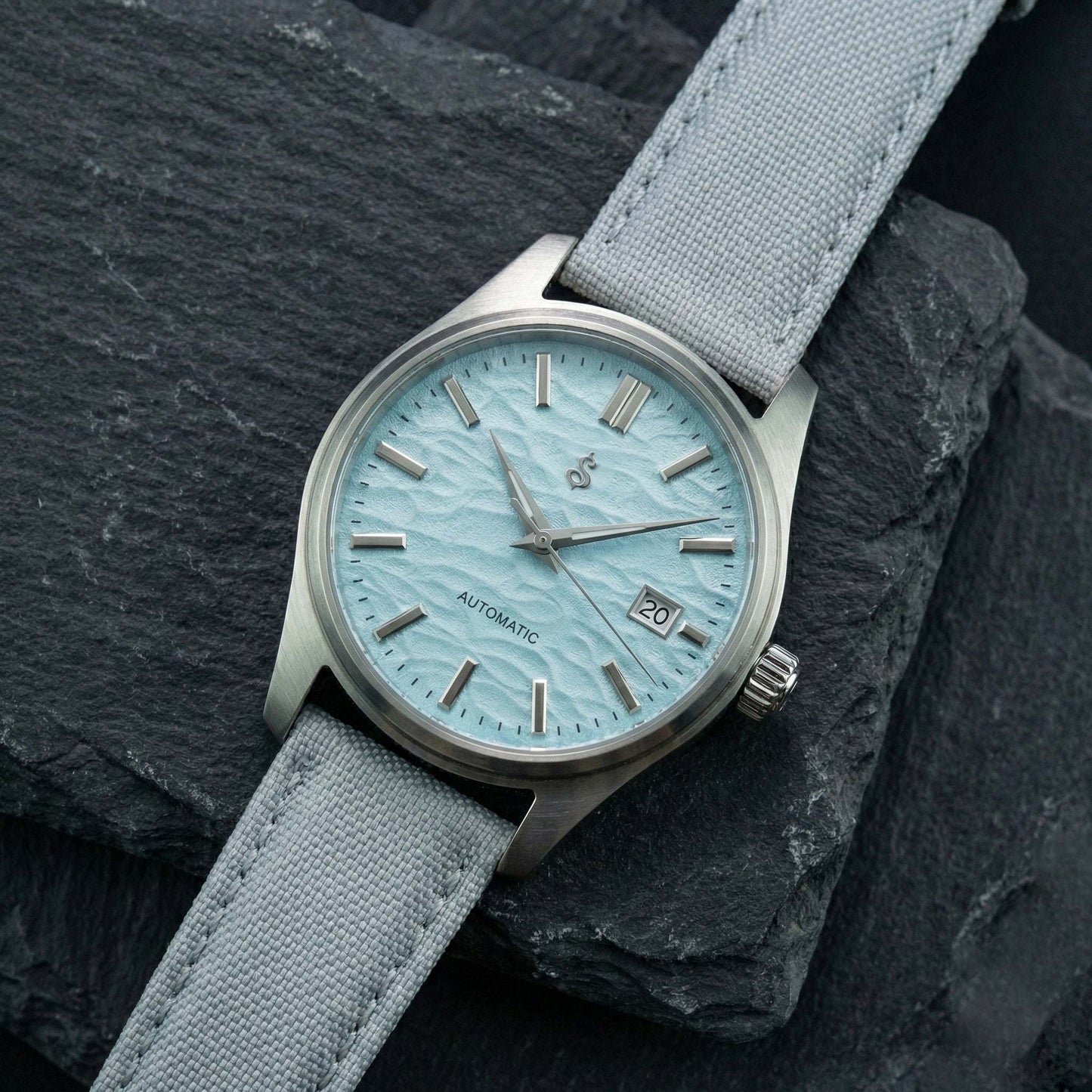 Modded Seiko Grand GS Pilot Series luxury watch in light tiffany blue with Japanese NH35 automatic movement and sapphire glass