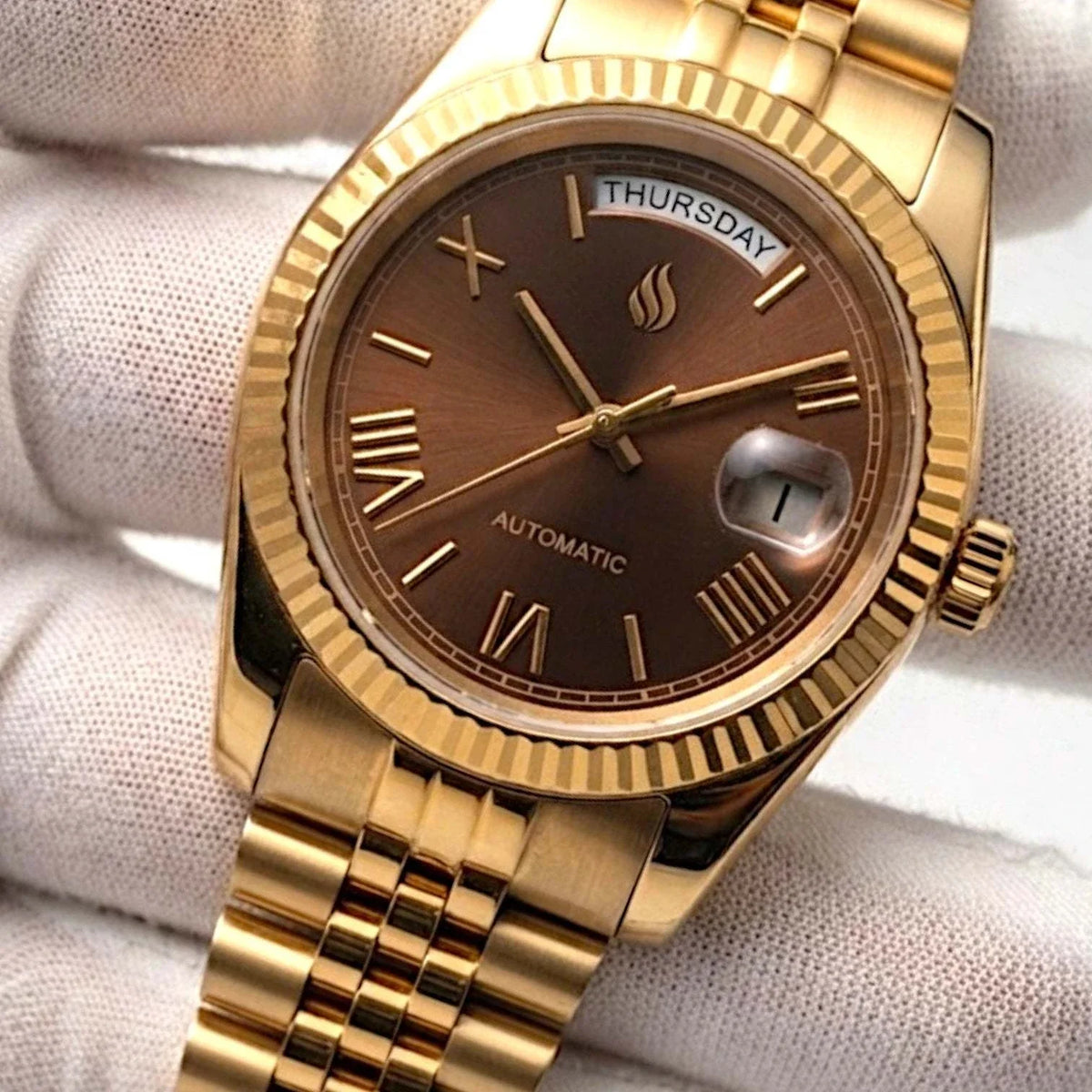 Seiko Mod DayDate watch with gold chocolate Roman numerals dial by Modtime Creations