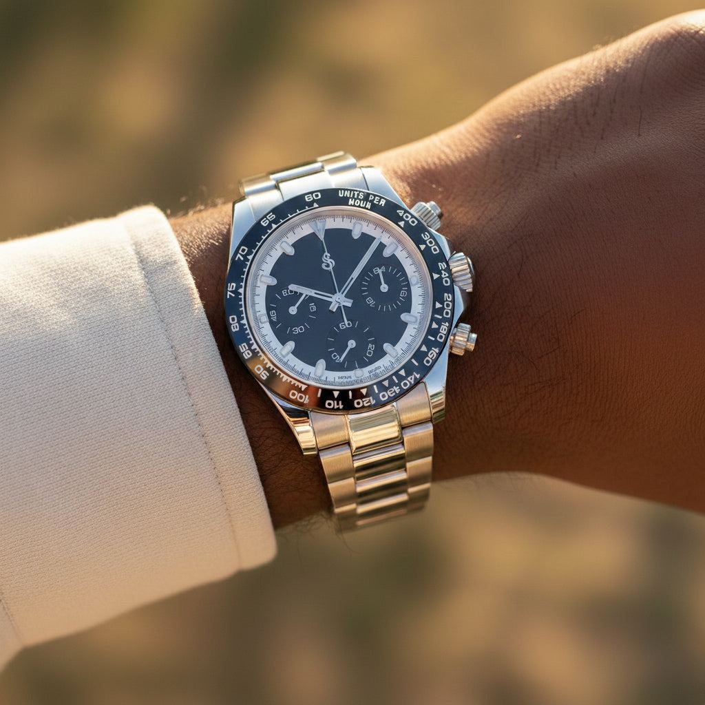 Seiko Mod Daytona Black chronograph watch with white dial and stainless steel case