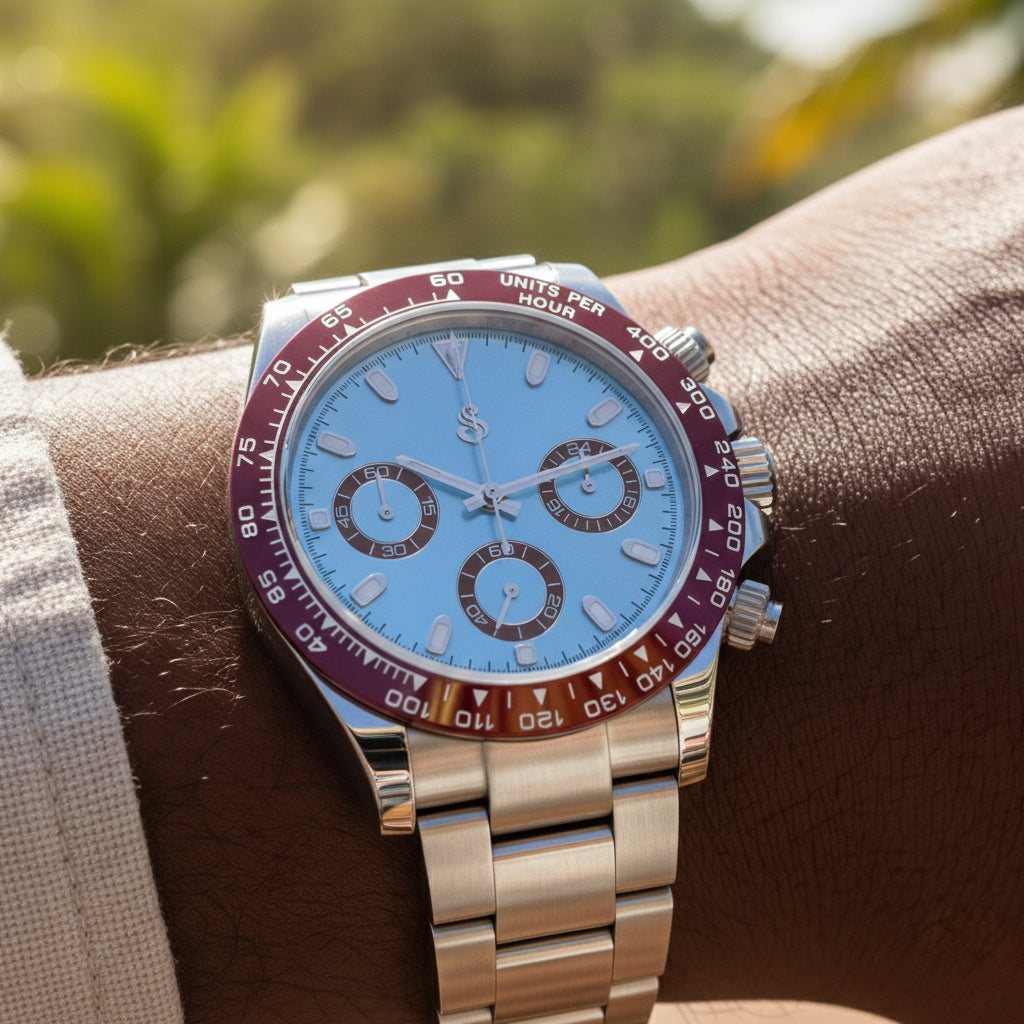 Seiko Mod Daytona Tiffany blue brown bezel platinum Seiko Mod luxury chronograph watch close-up