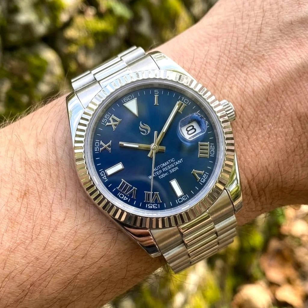 SeikJust Date Window Blue Roman Numeral Dial Mod Watch - Modtime Creations