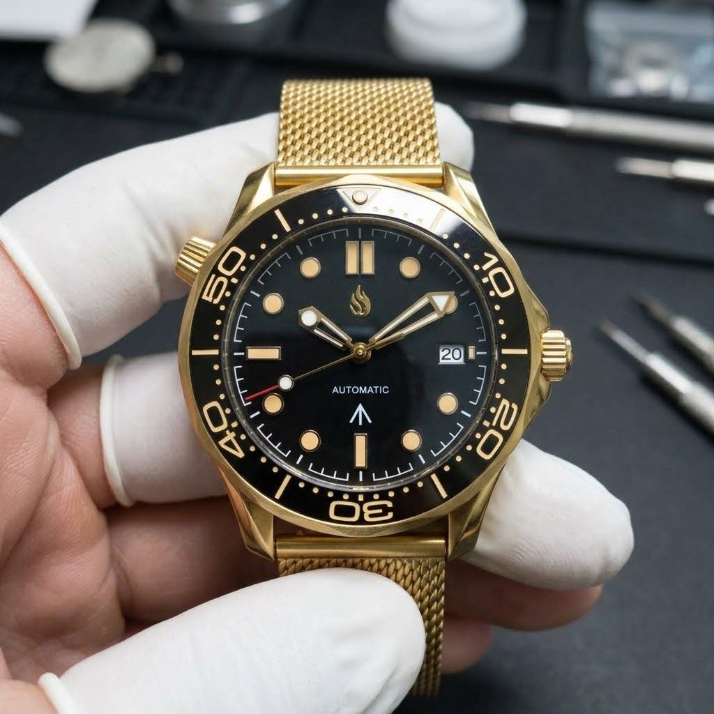 Black Dial Black Gold Bezel 007 Master Mod Watch - Modtime Creations