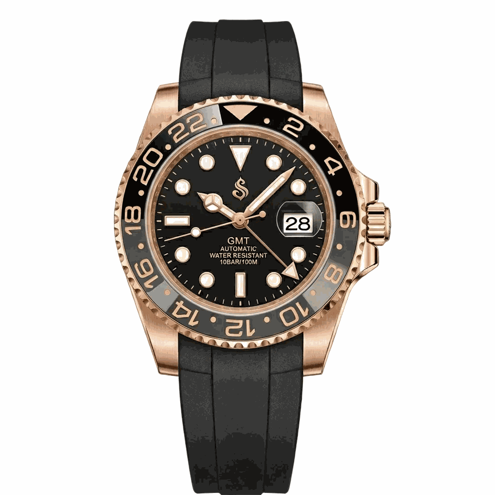Seiko Mod GMT Bruce Wayne rose gold watch with grey black dial and ceramic bezel by Modtime