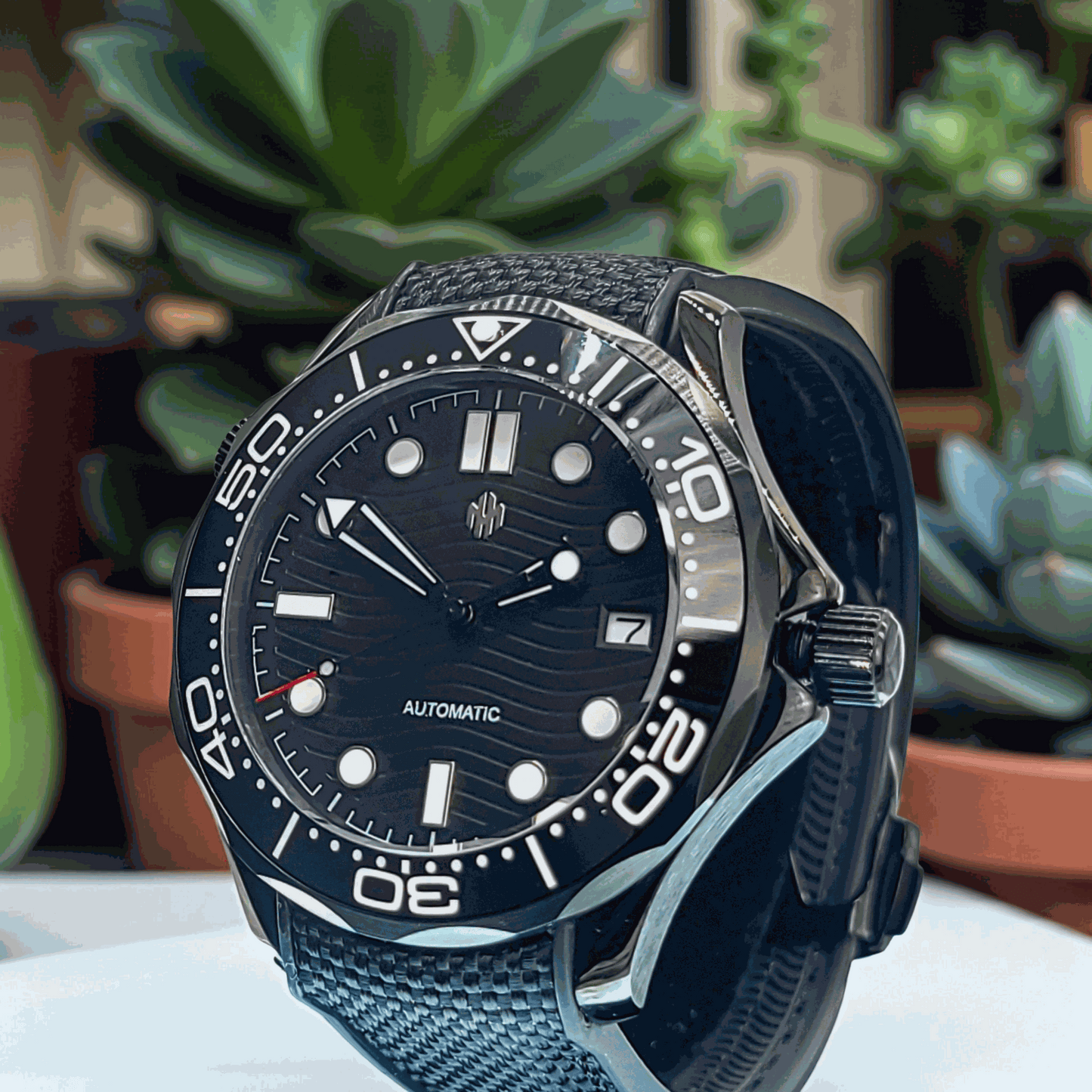 A Seiko Mod Omega Seamaster with a Black Dial on a table with succulents