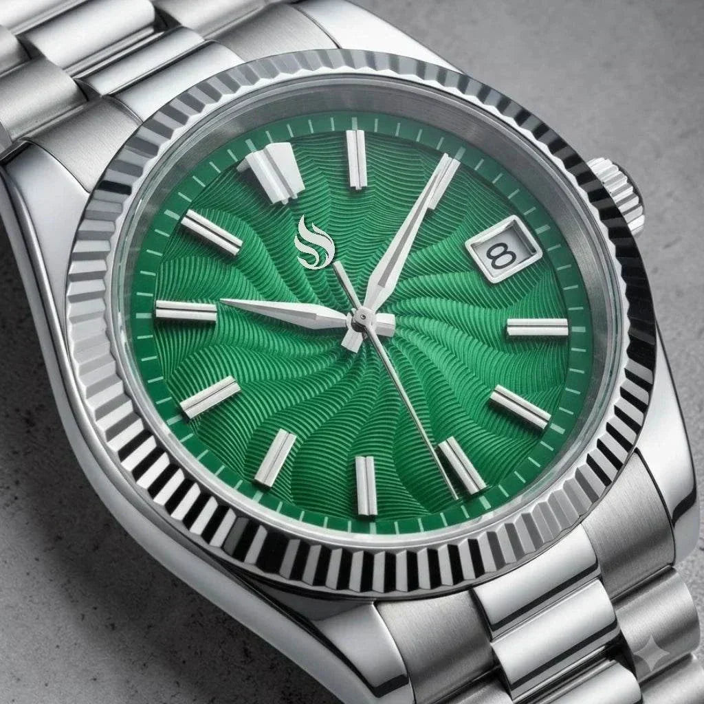 Seiko mod watches datejust green Guilloche dial with Stainless-Steel Bracelet by Modtime Creations