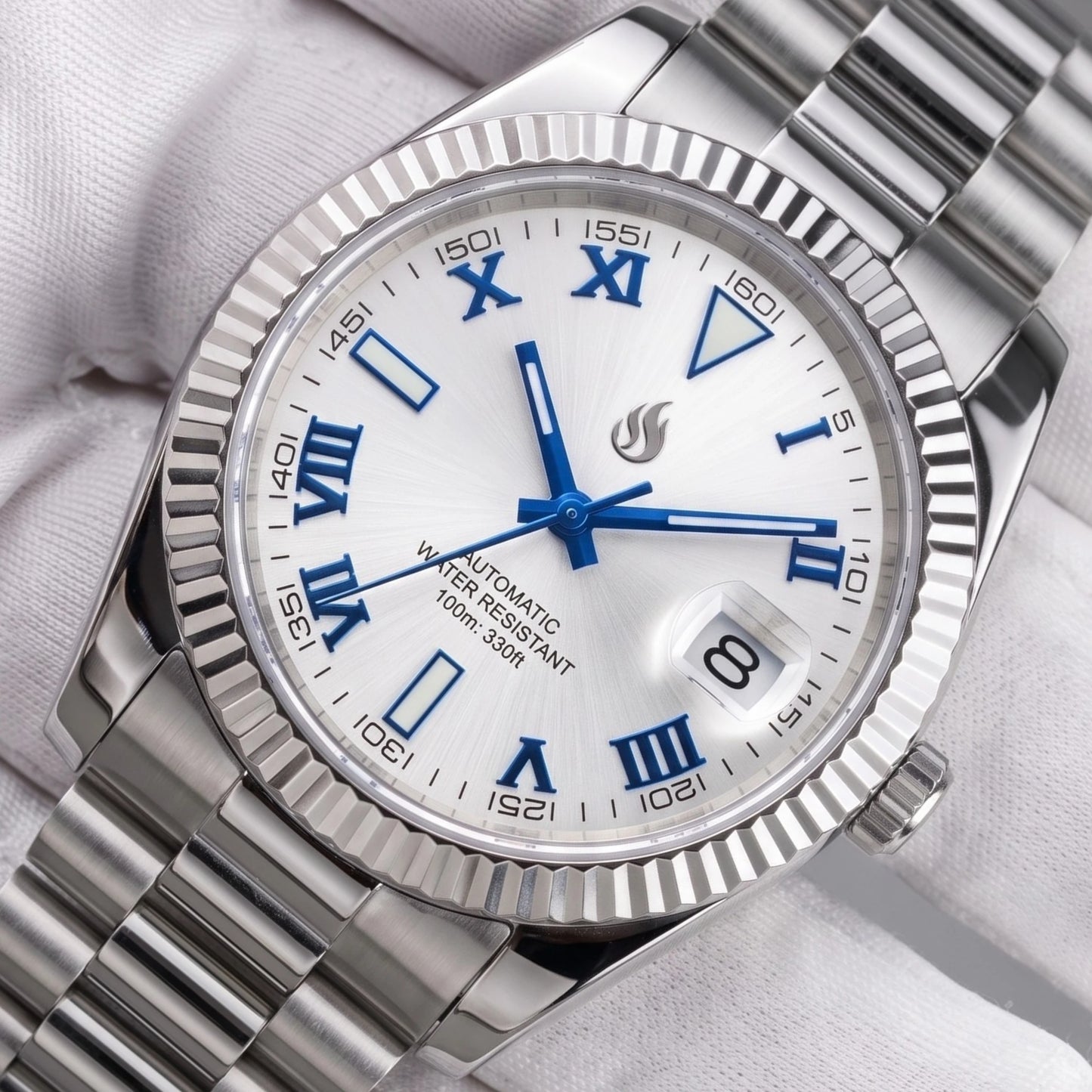 SeikJust Date Window White Blue Roman Numeral Dial Mod Watch - Modtime Creations