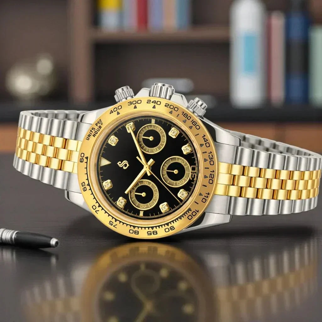 Seiko mod Daytona luxury chronograph with black gold gem dial and VK63 hybrid movement by Modtime