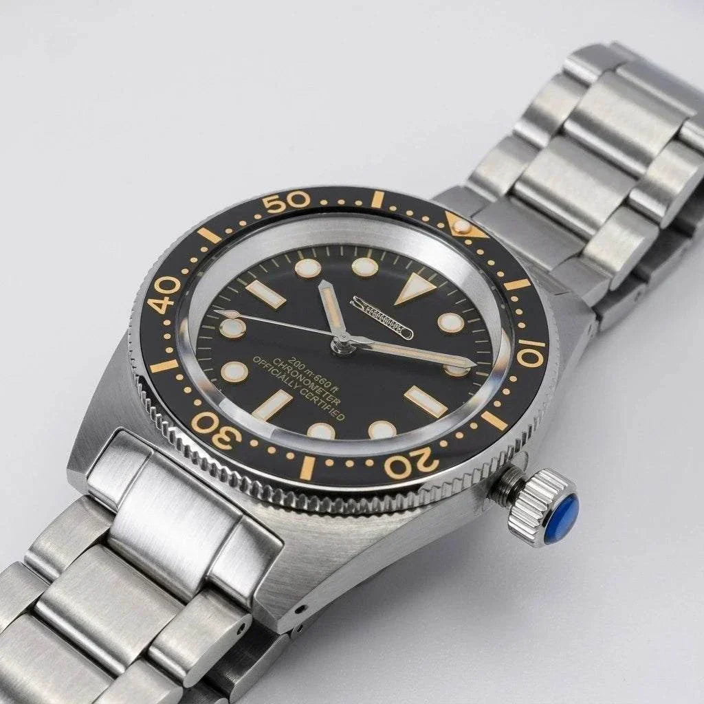 Seiko Mod Submariner Vintage 40 mm Sub Diver watch with black dial and gold accents by Modtime Creations