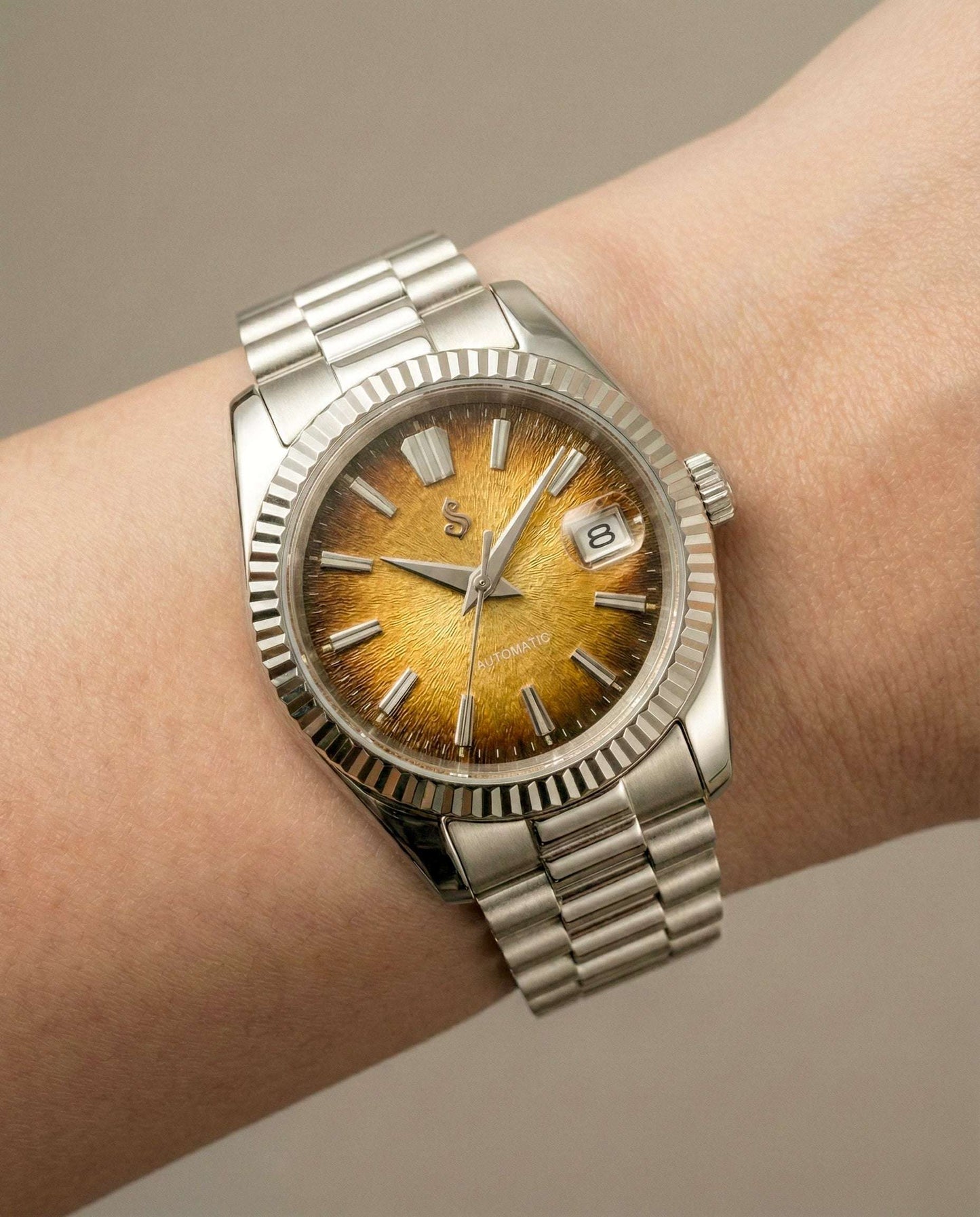Seiko mod Datejust watch with textured grand gold date window dial and stainless steel case
