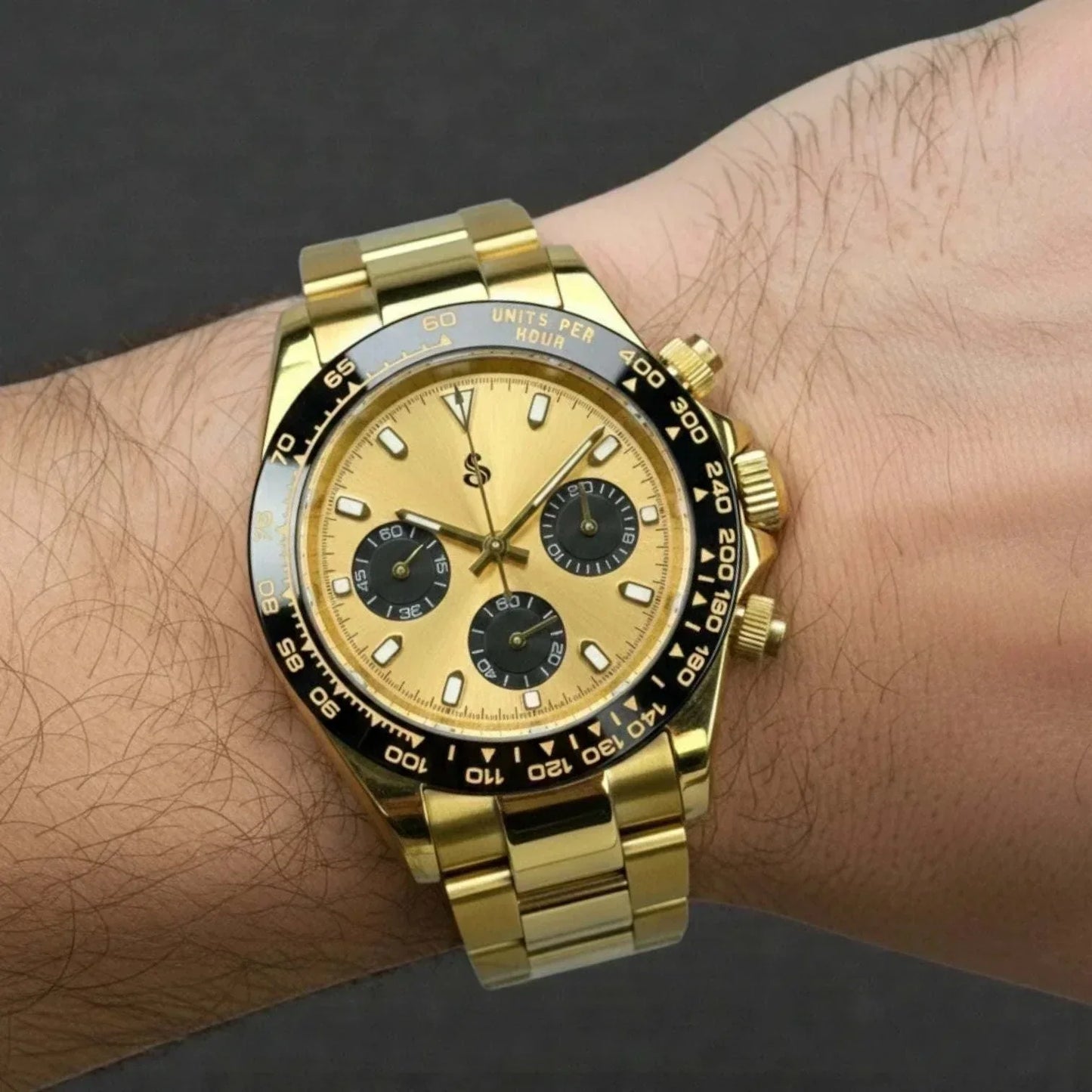 Seiko Mod Daytona luxury watch with gold case and black gold dial handcrafted by Modtime Creations