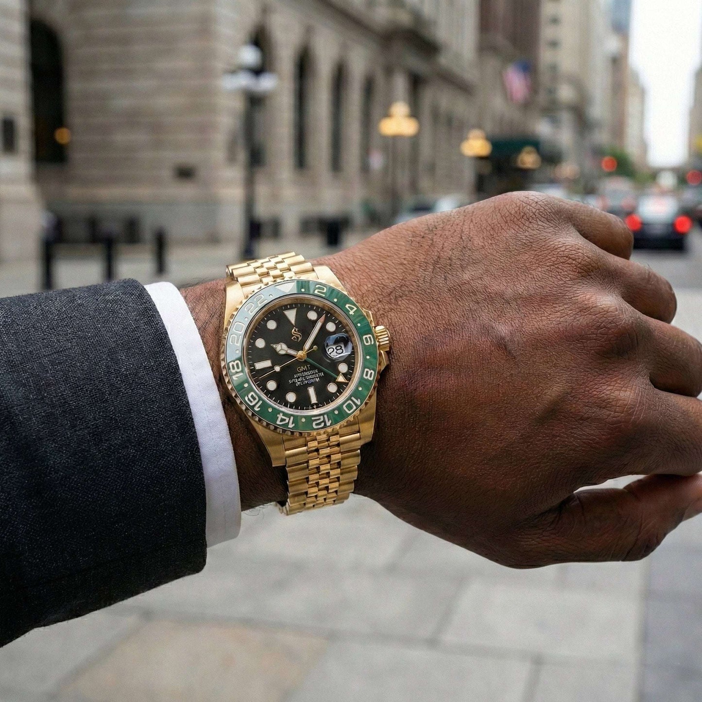 SeikMariner GMT Gold "Starbucks" mod watch with black dial and ceramic bezel by Modtime Creations, premium Seiko Mod luxury timepiece