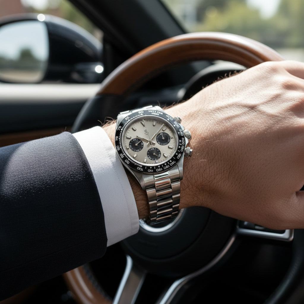 Daytona Silver Black Dial Chronograph Seiko Mod with stainless steel bracelet and ceramic bezel