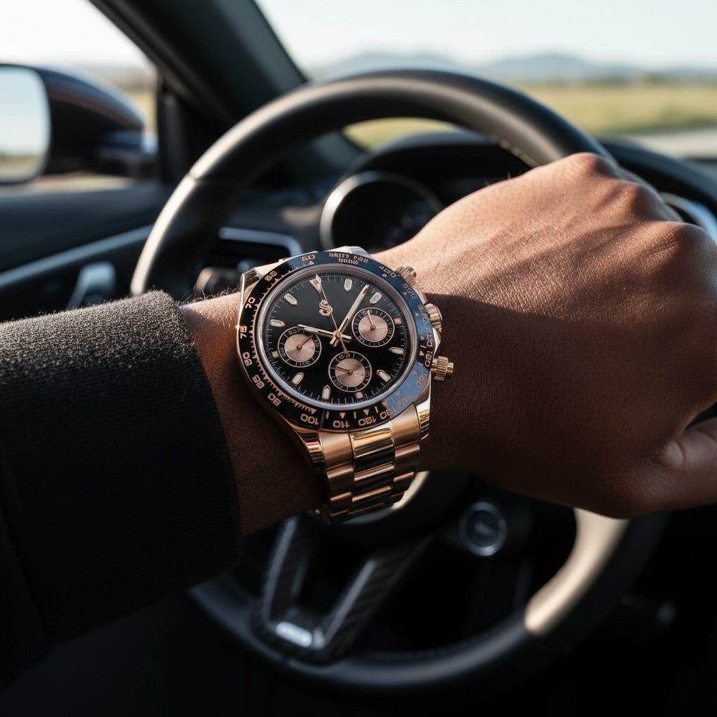 Daytona rose gold Seiko mod watch with black dial and bezel by Modtime