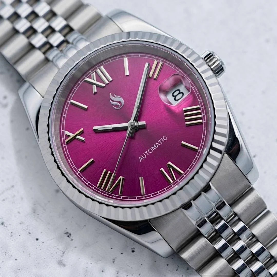 Seiko mod watches datejust "Fuchsia" Purple Dial Fluted Bezel with jubilee-style bracelet at Modtime Creations