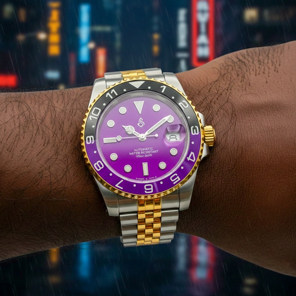 Submariner Joker Seiko Mod with purple dial and two-tone stainless steel case by Modtime Creations