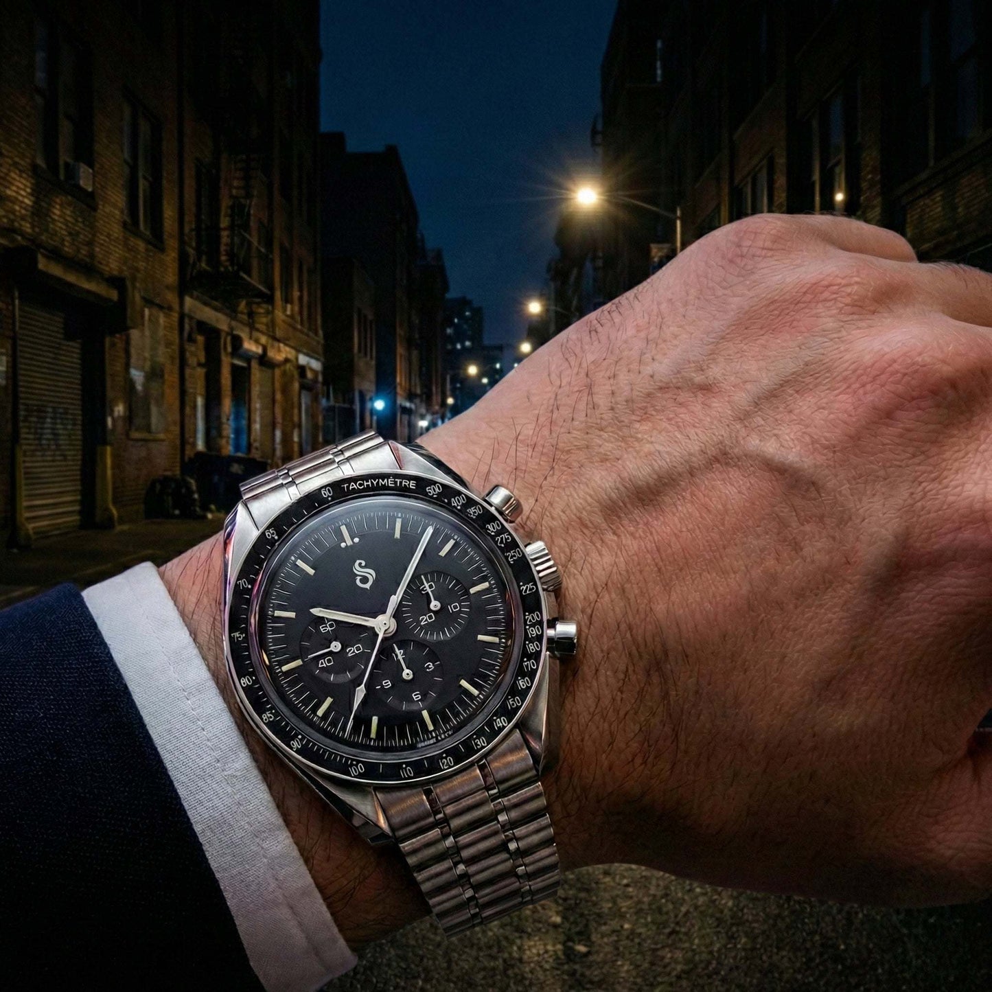 Seiko Mod Omega Speedmaster Chronograph Diver Series black dial Seiko Mod watch with VK63 hybrid movement and stainless steel case
